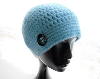 Upcycled Cashmere Hat, Women's Crochet Beanie, Sky Blue Cashmere Beanie, Eco Fashion, Small to Medium Size