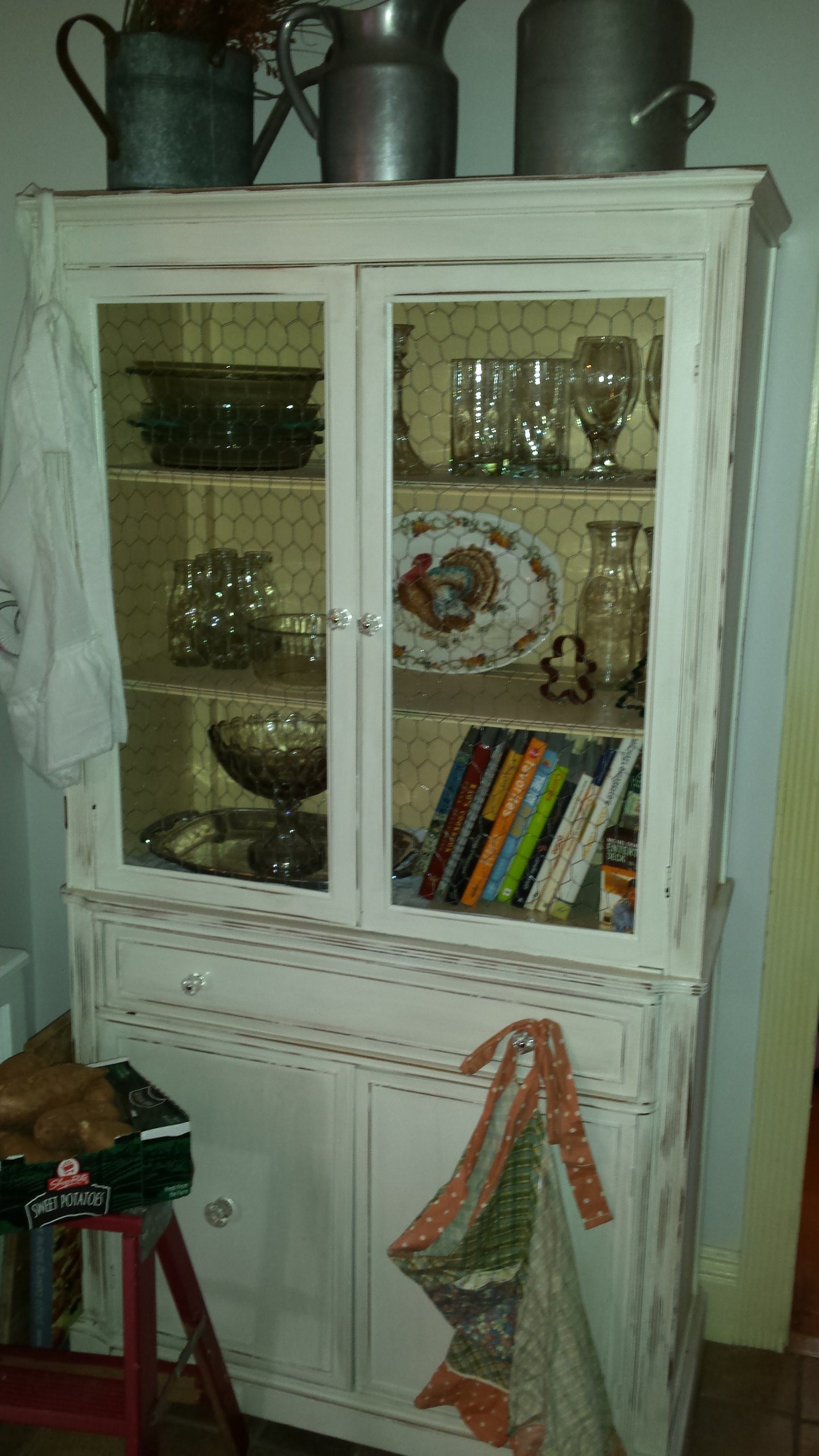 vintage painted shabby chic china cabinet, rustic, farmhouse, country, chicken wire, beach cottage storage breakfront, hutch