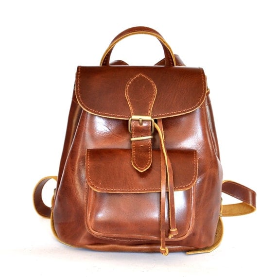 Small leather backpack / Women shiny brown leather backpack