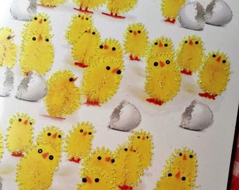 Glittered Easter Card ~ 5" x 7" Hand-Glittered Yellow Peeps and Eggs, Fuzzy Peep Show, with Inside Message and Envelope