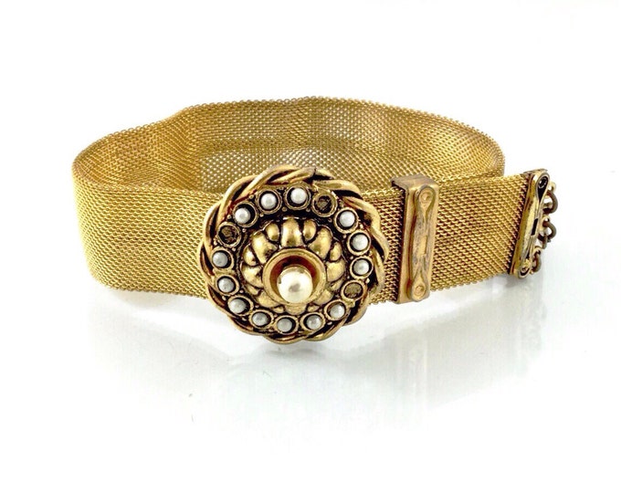 Late Victorian Slide Bracelet with Pearls,Antique Mesh Bracelet, Gold Pot Metal Bracelet, Victorian Bracelet. Antique Estruscan Style.
