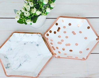 Rose Gold Dessert Plates, Rose Gold Paper Plates, Polka Dot Marble Design, Bridal Shower, Cake Table, Birthday Party, Modern Decor, Hexagon