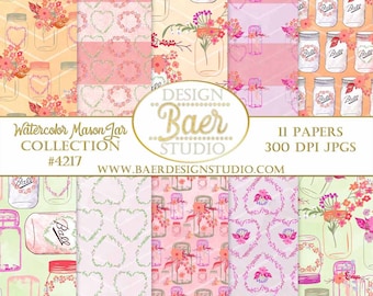 DIGITAL PAPER WATERCOLOR:Digital Paper Floral, Mason Jar Digital Paper, Shabby Chic Digital Paper, Heart Paper, Bohemian Digital Paper