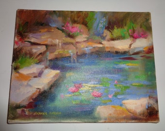 Original Oil Painting on Stretched Canvas signed by The Artist Frankie Johnson titled "Lilly Pond" in Very Good Condition without a frame