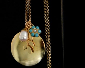 Long Gold Locket Leaf Pearl Necklace