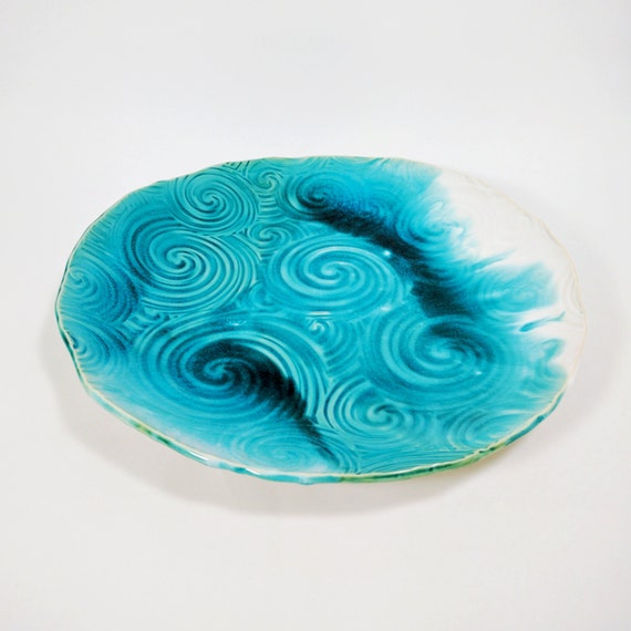 Large Ceramic Platter Spiral Turquoise Ceramic Serving