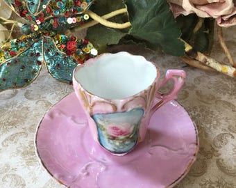 Beautiful and Dainty Art Nouveau Era Demitasse Cup and Saucer with Pink Rose