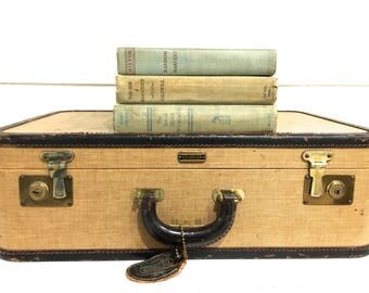 hold for Jackie- Vintage Tweed Suitcase Luggage Oshkosh Leather Trim