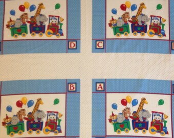 Circus animal train, zoo animal, balloon, blue, VIP Fabrics Baby Quilt Panel Stuffed Animals 1 yard panel