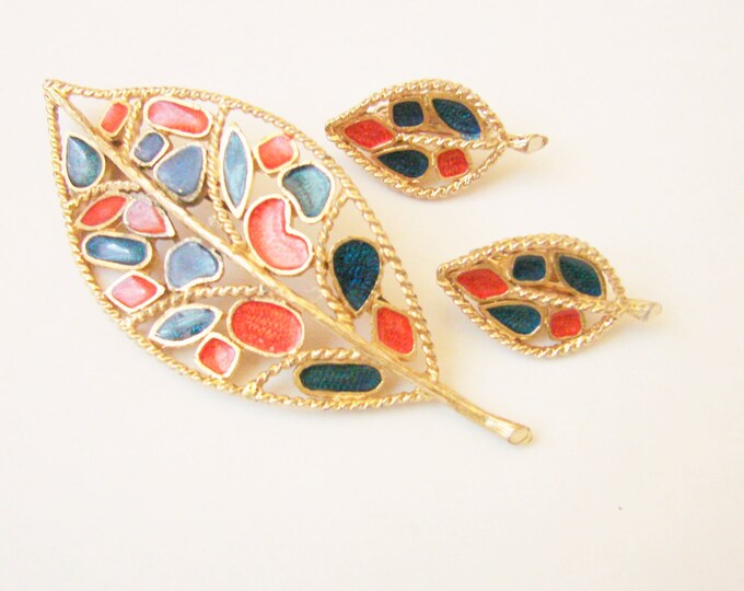 Vintage Florenza Enamel Demi Parure Brooch & Clip Earrings / Designer Signed / Leaf Motifs / Blue Orange / Goldtone / Jewelry / Jewellery