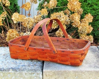 Antique split wood gathering basket with wood handle rustic