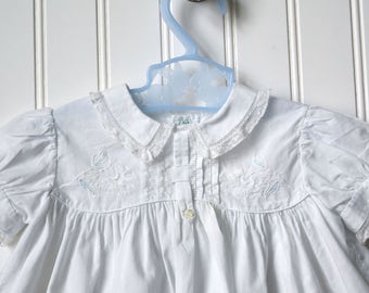 Vintage Girls Dress, Special Occasion Clothes, White w/ Blue Embroidery, 6-9 Month New Unworn, French Lace, Cotton Blend, Made Philippines