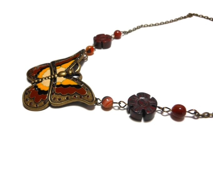 FREE SHIPPING Butterfly necklace handmade, enamel in vintage bronze, semi precious beads of brecciated jasper floral and black red agate