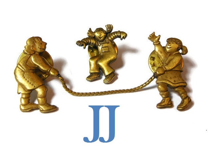 FREE SHIPPING JJ jump rope broochs, Jonette Jewelry, 3 girls playing hopscotch lapel pins, bronze color, three pins make one scene