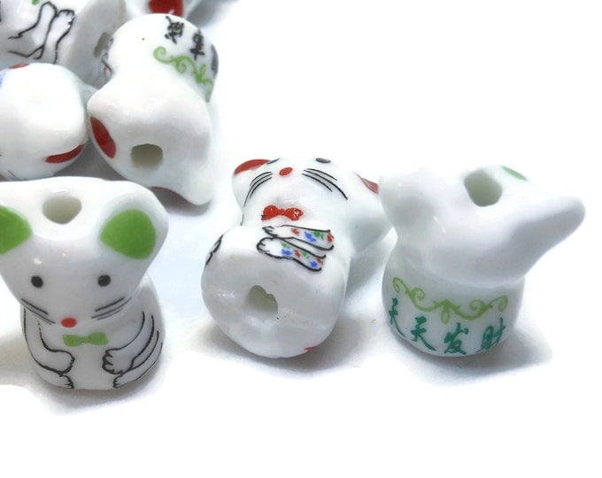 Porcelain mouse beads, 15 piece lot, black red green, ceramic small beads, animal beads, Kawaii mouse beads