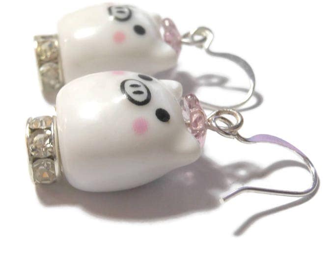 FREE SHIPPING Kawaii pig earrings, porcelain beads, Swarovski crystal Czech pressed glass, silver plated pink black, hat collar piggie