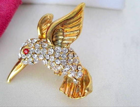 Hummingbird Brooch - Rhinestone Covered - Collectible Bird Pin