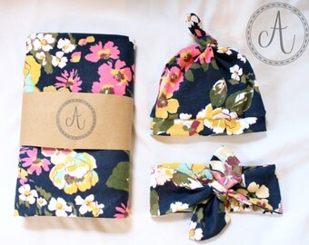 Navy Mustard and Pink Floral Swaddle Blanket, Headband and Hat Set, Baby Blanket, Nursing Cover