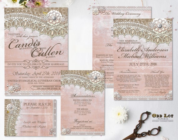 Rustic Lace Wedding Invitation Pink Suite Printable Rustic Lace Wedding Invitation Pink Suite Printable