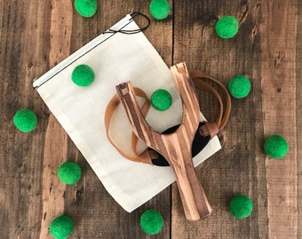 Wooden Slingshot with Felt Ball Ammo, Personalized Child's Toy