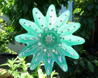 Pretty Pink & Green Glass Garden Flower - Shabby Chic Garden Art - Glass Plate Flower - Garden Accessories - Garden Art - Birthday Gift