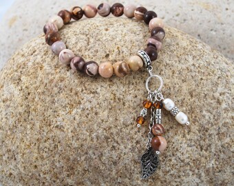 Peanut Jasper 8mm Stretchy Bracelet with Long Dangle Accent Charms