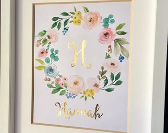 Custom Monogram Gold Foil Nursery Name Print Watercolor Flowers Pink and Gold Wall Art Real Gold Foil Name Personalized Baby Gift 8x10