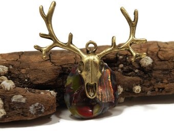 Fused Glass Deer Skull Pendant, Hunter Pendant, Halloween Pendant, Skull Necklace, Deer, Deer Antlers, Dichroic Charm Pendant, Large charm