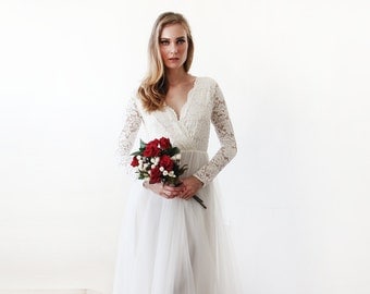 Ivory tulle and lace long sleeves wedding gown, Tulle and lace bridal gown, Tulle wedding empire dress 1125.