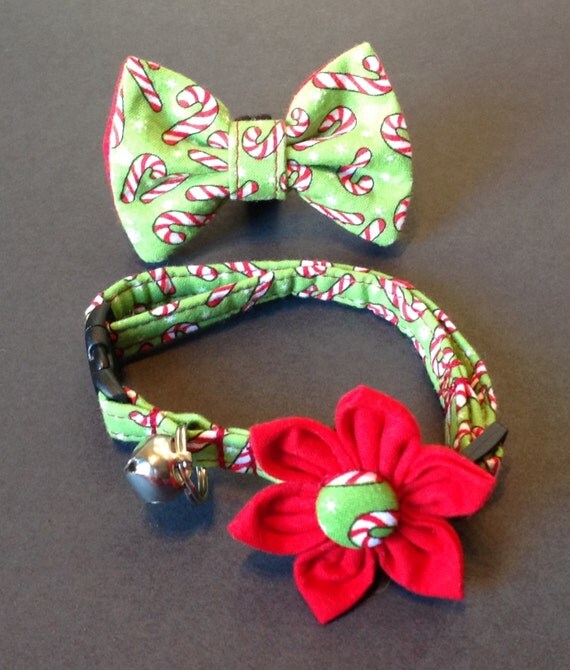 Christmas Cat Collar Flower/Bow Tie Set Candy cane Holiday