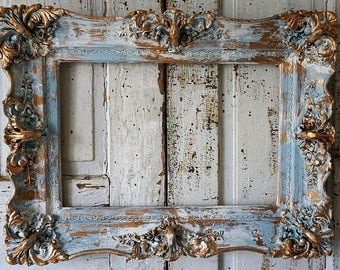 Shabby picture frame wall hanging French blue w/ gold ornate wood gesso antique farmhouse detailed large home decor anita spero design