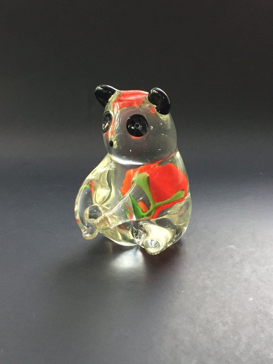 Art Glass Panda Bear Figurine with Flower Mid Century Vintage