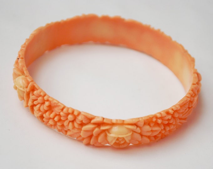 Orange Celluloid Bangle - vintage plastic - Flower Bracelet 1930s