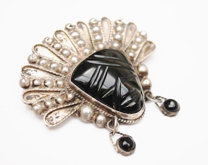 Sterling Mask Brooch - Taxco Mexico - Carved Black Onyx - Tribal Face Pin