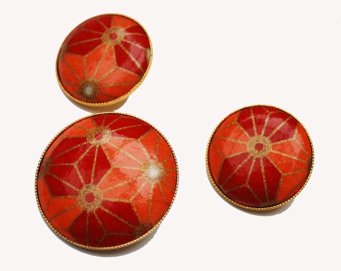 Orange Brooch pendant Earring Set - Red gold - Mod modern - pierced earrings - Geometric Flower Floral - Round - Vintage jewelry