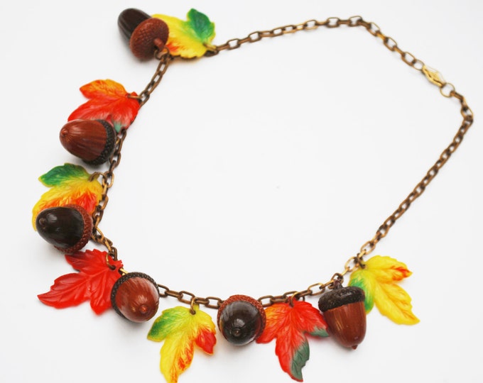 Leaf Acorn Bib Necklace - Early Vintage Plastic - Fall Autumn Leaves - Yellow orange Brown - Brass chain