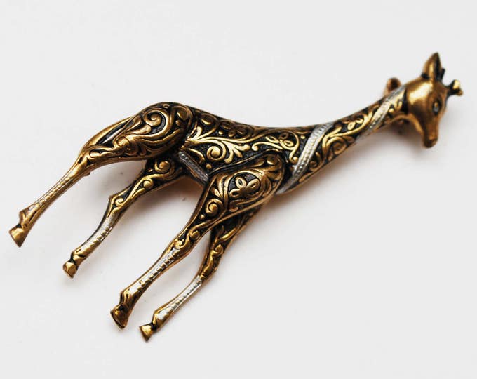 Damascene Giraffe Brooch - Signed Spain - Black Silver Gold - Enameling - Wild Animal Figurine Pin