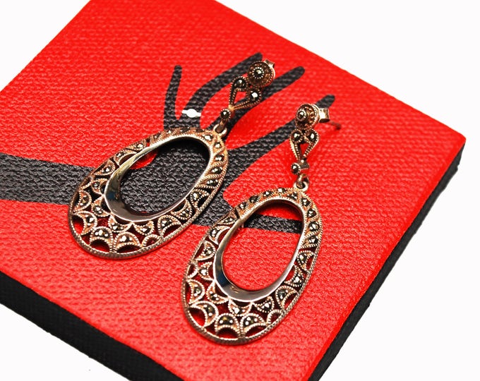 Sterling Marcasite dangle earrings - Silver filigree oval - pierced drop earrings - Victorian revival - gift for her