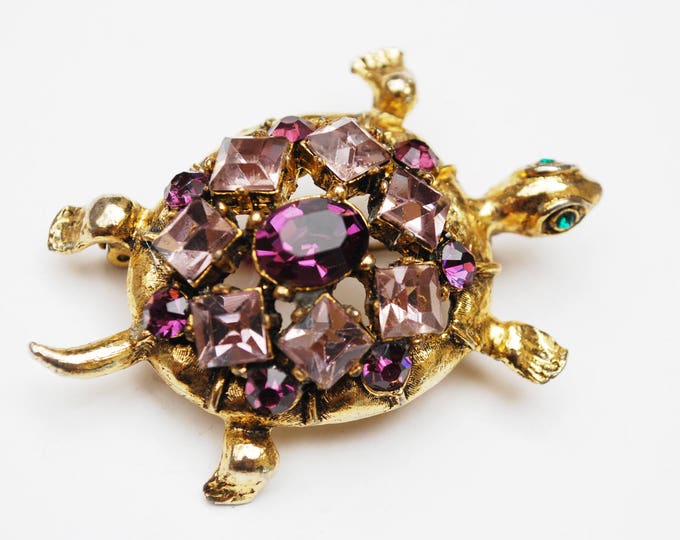 Turtle Brooch - Purple Rhinestone - Gold - figurine pin - Gift for her