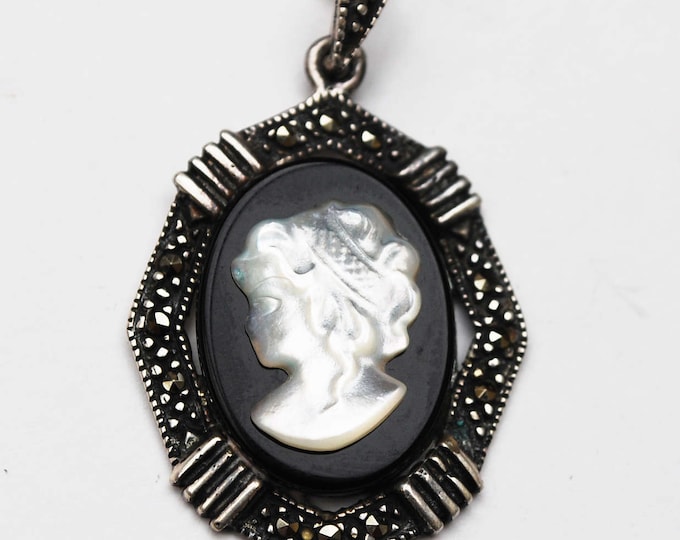 Cameo necklace - Sterling Silver Marcasite - White Mother of Pearl - black Onyx - Women profile