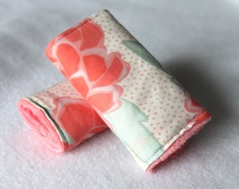 Car Seat Strap Covers - Stroller Strap Covers - Coral Peonies with Coral Minky - Reversible padded strap covers