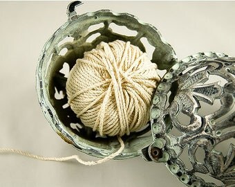 Vintage Ornate Metal String Holder, Beautiful Patina, 6.5 Inches x 5 Inches