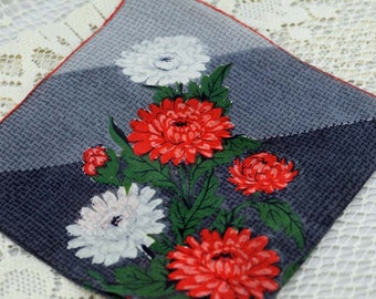 Vintage Hankie Stunning - Orange and White Flowers on Gray Background and Deep Green Leaves #F-53