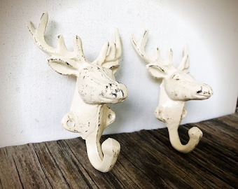 BOLD ivory white deer head wall hooks // coat hooks towel hooks // woodland animals nursery decor // cabin hunters gift // for him