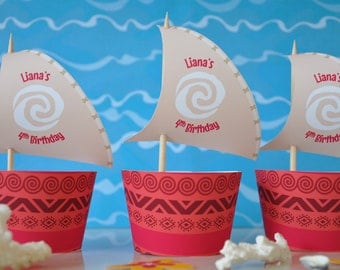 Moana cupcake topper sails and wrappers for birthday party - PERSONALISED pdf printable file - outrigger boat with Polynesian tribal design