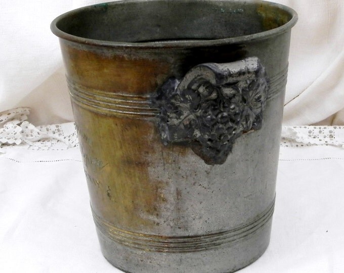 Antique French Silver Plated Copper Champagne Henri Lefévre Verzenay Ice Bucket / Cooler with 2 Grape Vine Handles, Shabby, Chic, Chateau