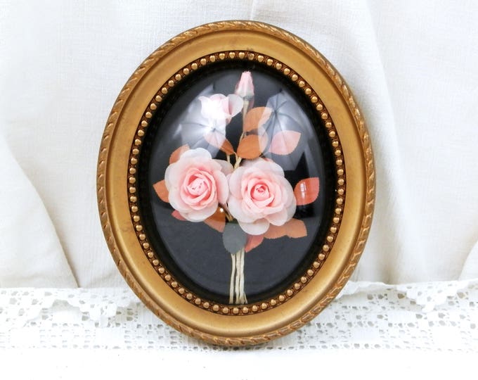 Vintage French Oval Domed Glass Picture Frame with Silk Rose Flower Composition, Floral Arrangement Wall Hanging, Mid Century, 1950s, 1960s