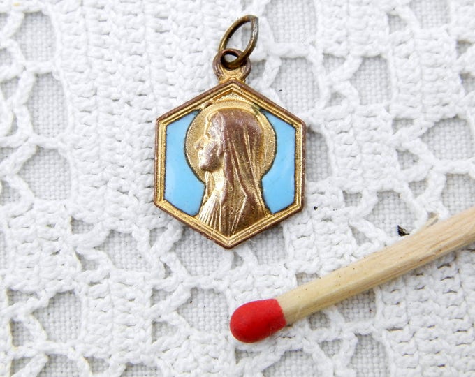 Vintage French Gold Plated Metal Alloy Pale Blue Enamel Religious Medal of the Virgin Mary from Lourdes, Christian Catholic Our Lady