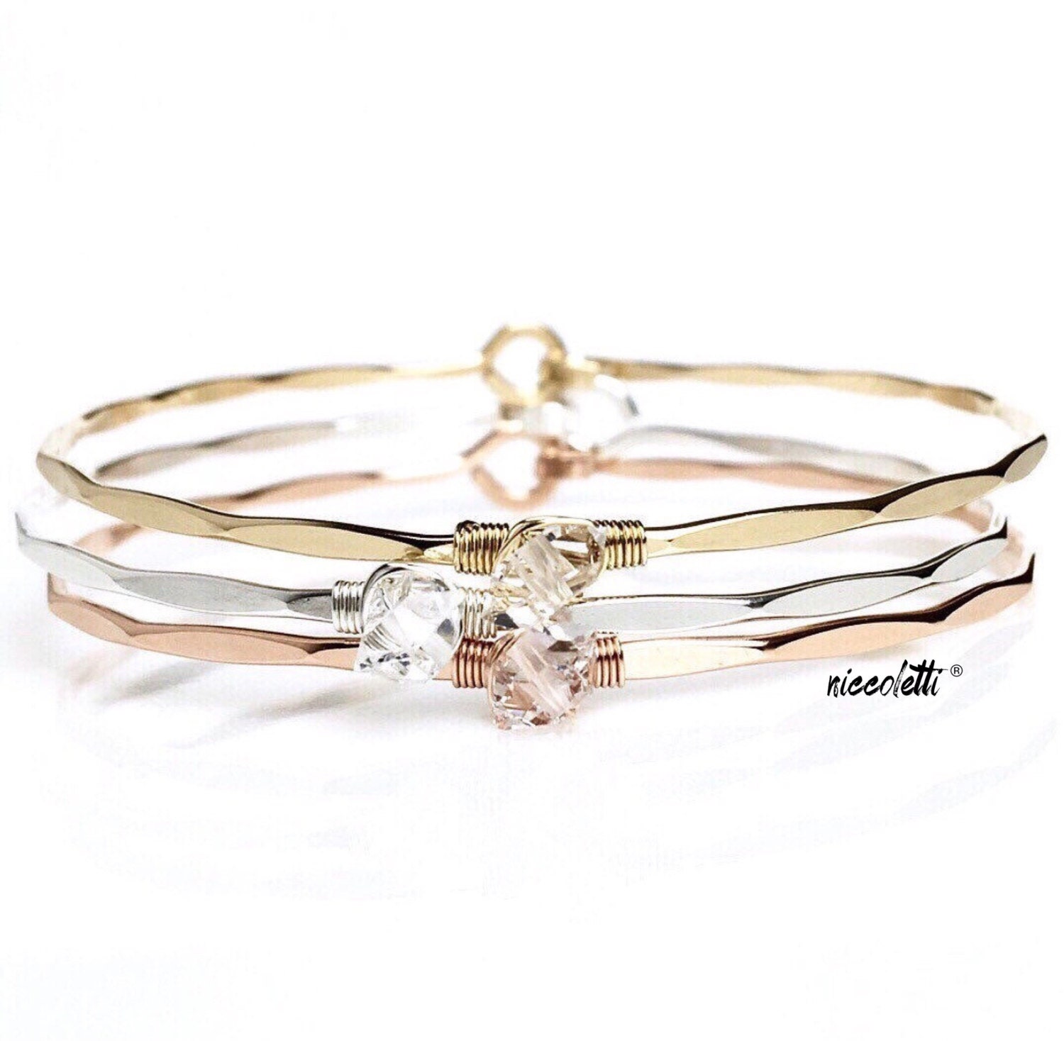Raw Herkimer Diamond Bracelet / April Birthstone / Rose / Yellow Gold Gemstone Bangle / Bridal / Bridesmaid Gift / Gift for Mom