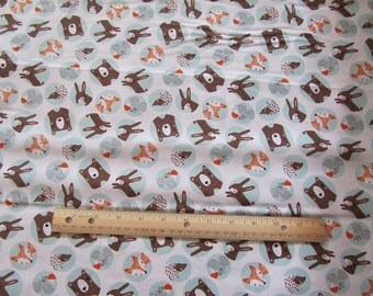 White Woodland Animal Faces/Fox/Possum/Squirrel/Bear Cotton Fabric by the Yard